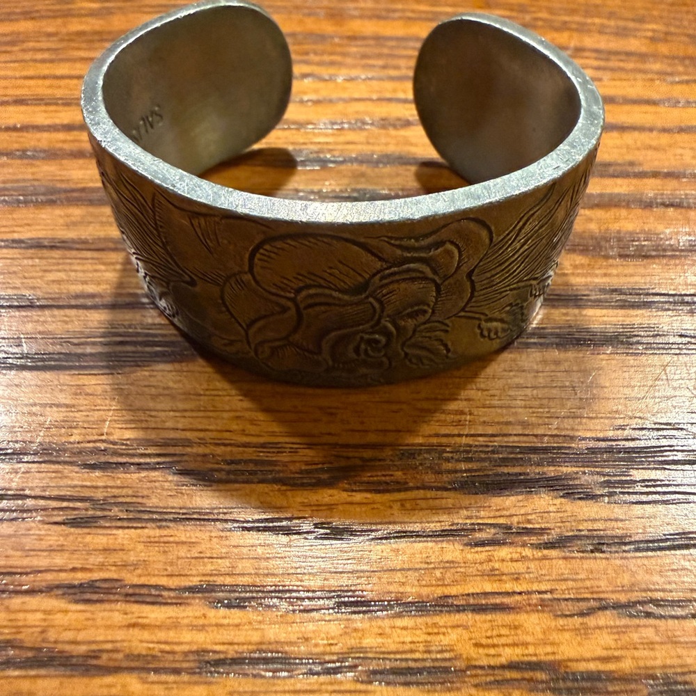 Vintage Pewter Cuff Bracelet Salisbury Wide Floral Phoenix Boho Statement - Picture 4 of 10